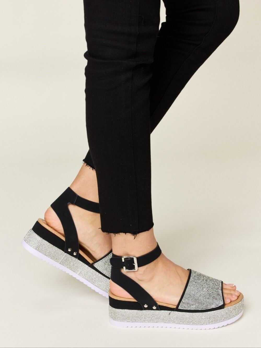 Wide Strap Platform Sandals Black w/ Silver Rhinestone Upper Women's 8.5